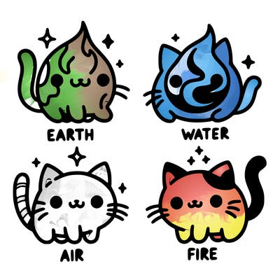 4 cats that represent the different elements, earth, water, air, and fire