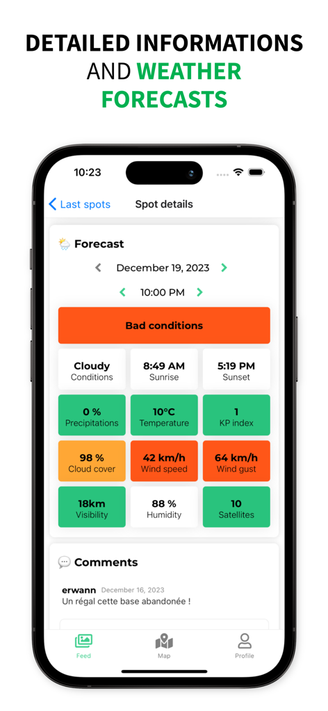 Drone Spot – Forecast and Map - Detailed weather forecast screen for drone pilots showing wind speed and flight conditions