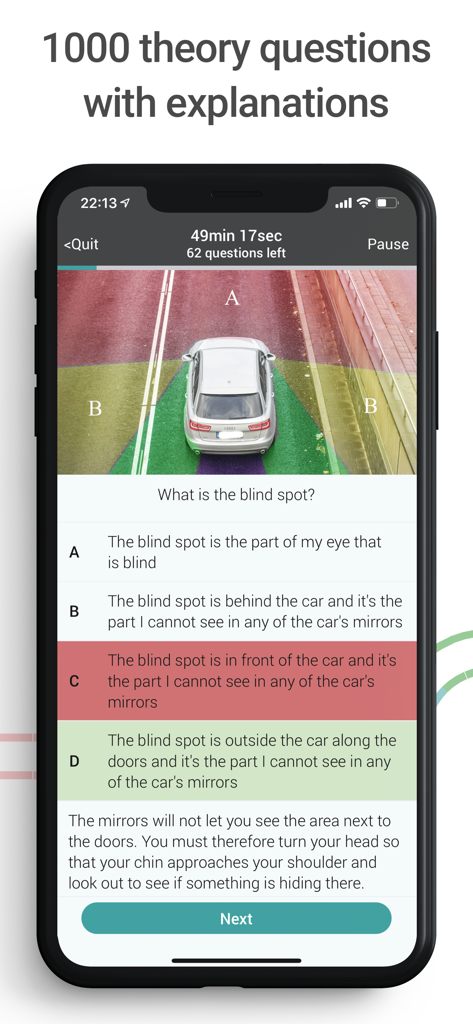 Mitt Körkort - A mobile app screen showing a driving theory test question about the blind spot with multiple choice answers and a detailed explanation