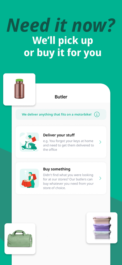 The Butler service screen in the Toters app offering options to deliver personal items or buy products from any store