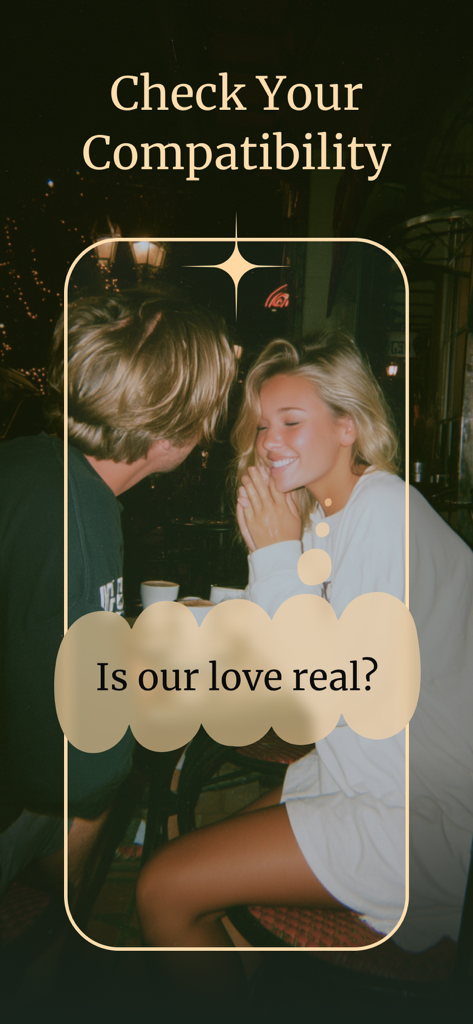 Ursula Tarot: Daily Horoscope - A smiling young couple on a date with text asking about love compatibility and relationship clarity