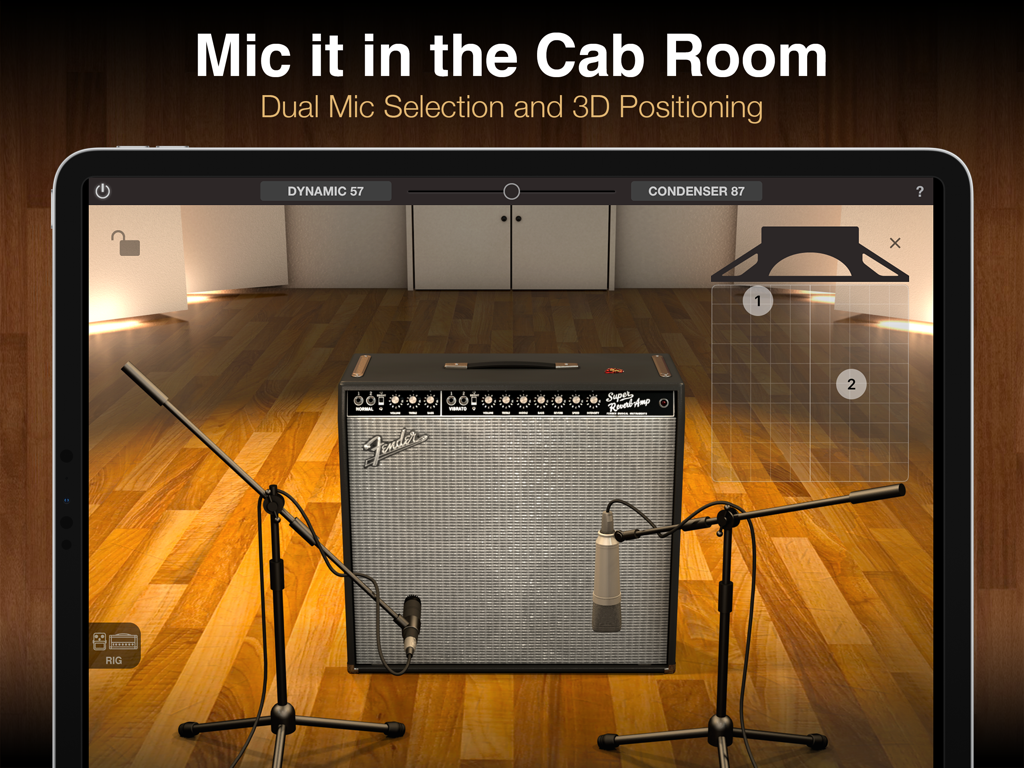 AmpliTube CS pour iPad : démonstration dans une cabine d'enregistrement d'un amplificateur Fender avec sélection de deux microphones et positionnement 3D.