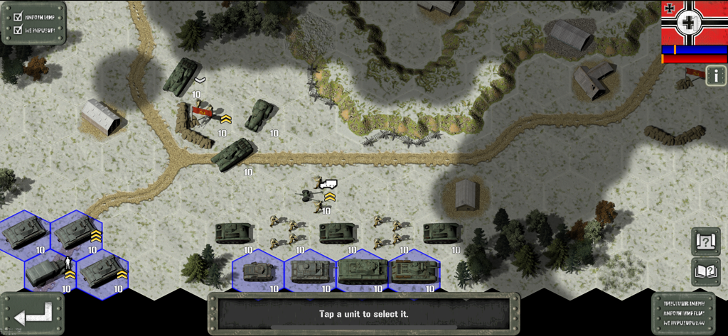 Turn-based tactical hex combat in Tank Battle East Front featuring WWII tanks and infantry on a snowy map