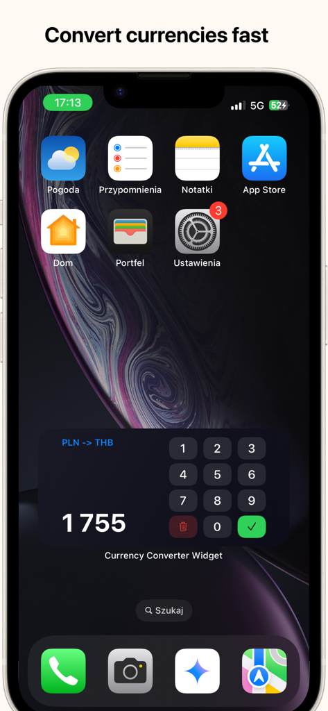 Currency Converter - Widget - iPhone home screen displaying a currency converter widget with a numeric keypad for fast PLN to THB conversion