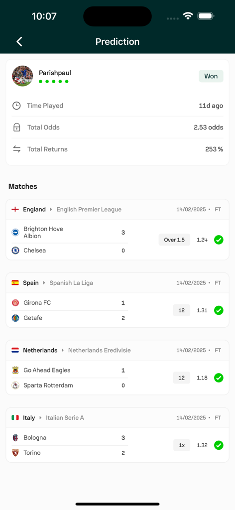 Spotip - Predictions & Scores - Spotip app screen showing successful football predictions and match scores
