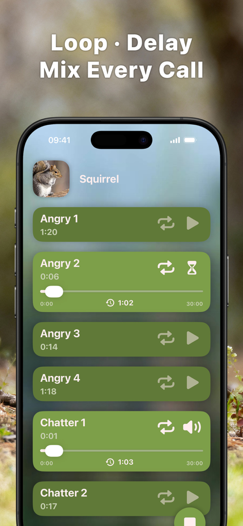 Hunting Calls: Squirrel - Squirrel hunting app interface showing various call categories with loop and delay settings