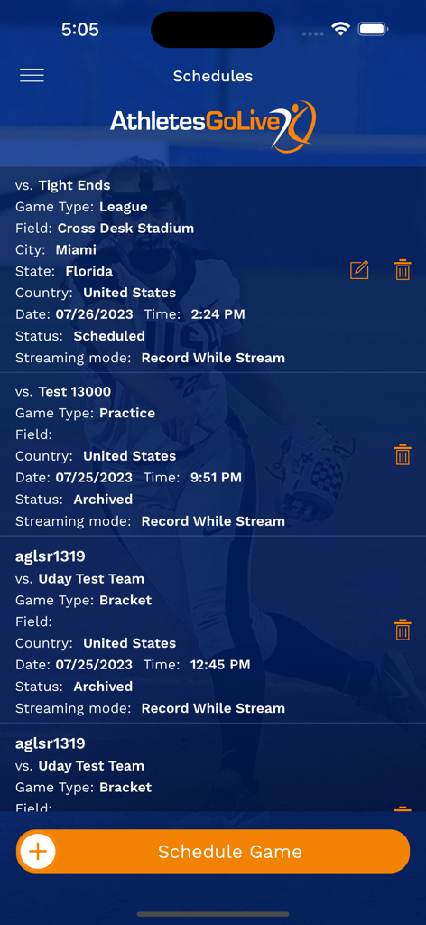 AthletesGoLive - AthletesGoLive app interface showing a list of scheduled and archived youth sports games with locations and times