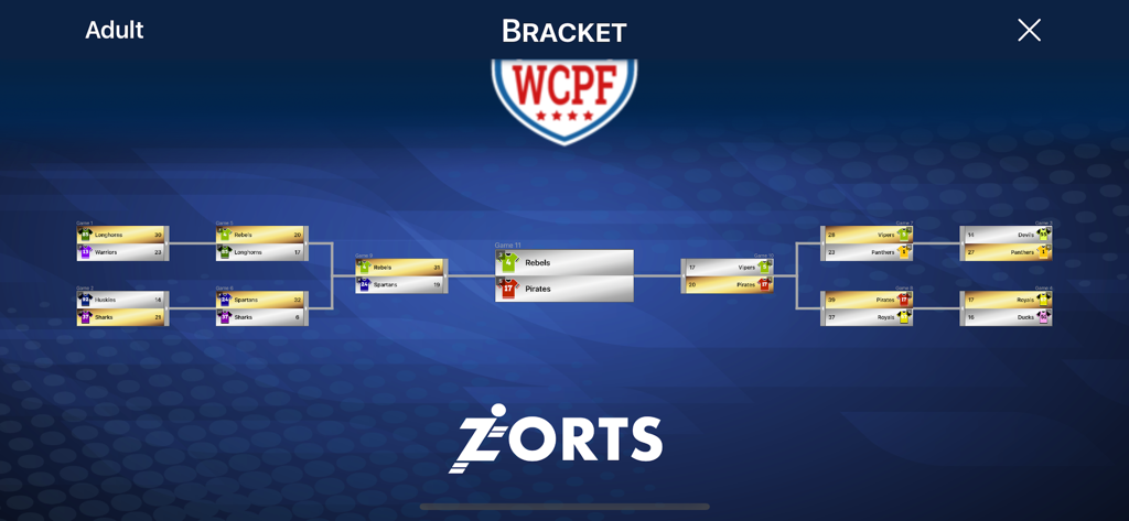 Real-time tournament bracket view showing team scores and playoff progression