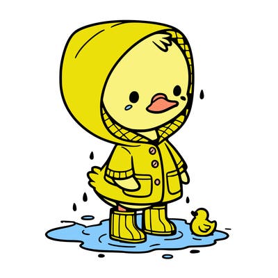 baby duck in a rain coat and boots, in a puddle while it’s raining