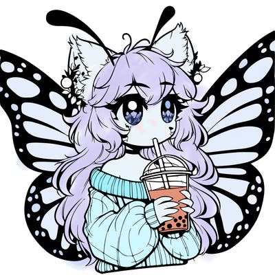 a realistic butterfly/furry girl drinking boba