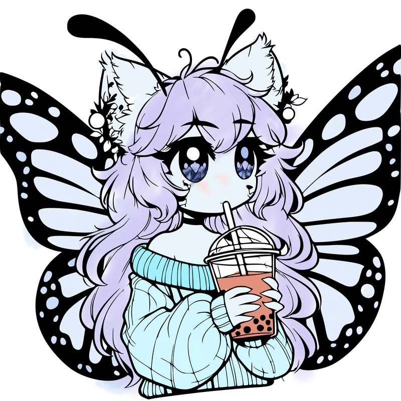 a realistic butterfly/furry girl drinking boba