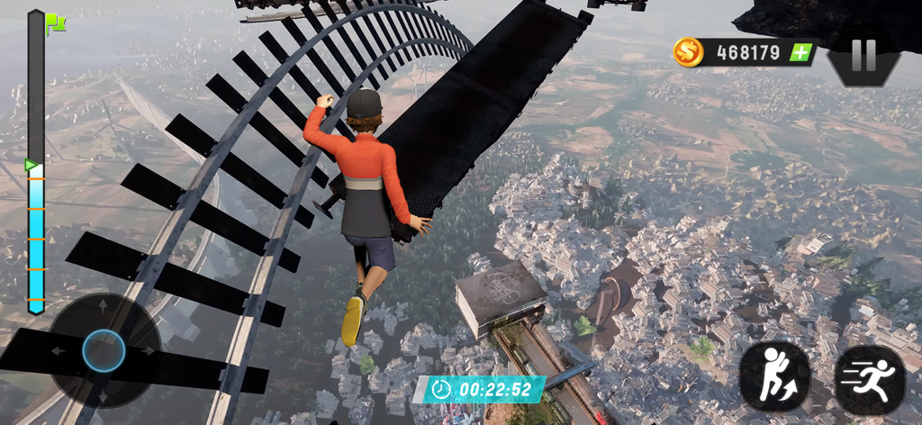 Going Jump Up: Parkour Games - A character jumps across floating railway tracks high above a city in Going Jump Up