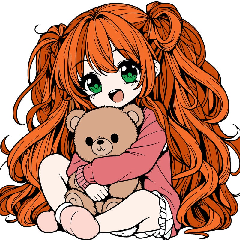 manga girl, long curly hair, happy, cuddling a teddy bear