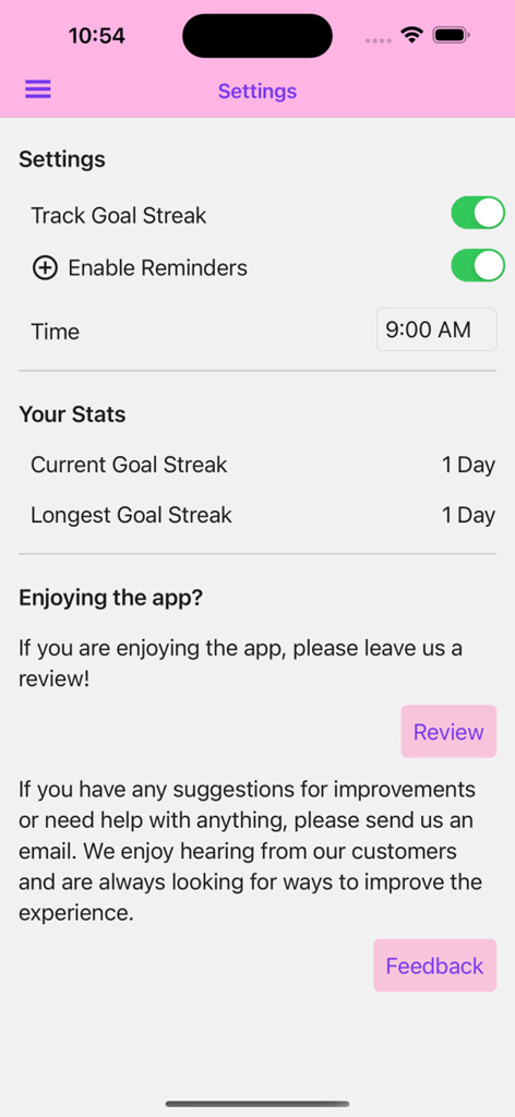 Thera-pets - Settings screen of the Thera-pets app displaying goal streak statistics and notification reminder options