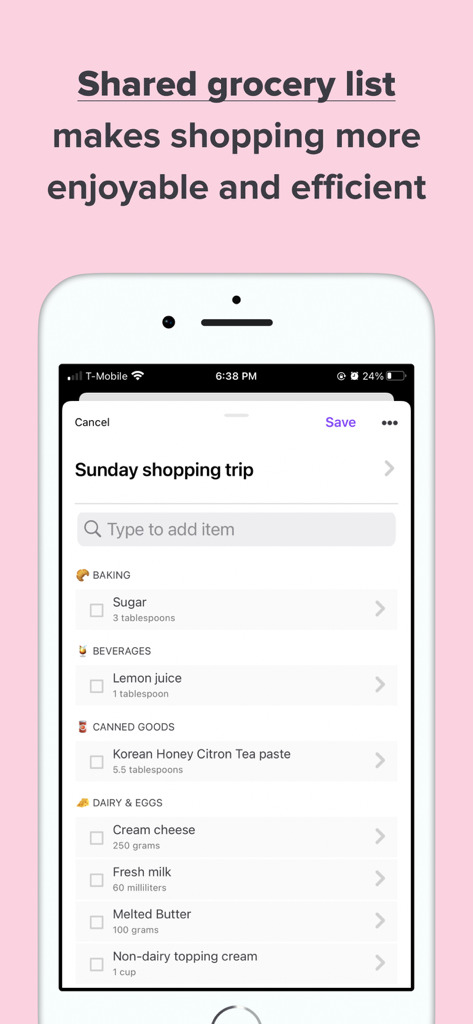 Family Daily: Family Organizer - A mobile interface of a shared family grocery list with categorized items like baking and dairy.