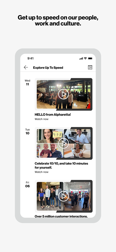 Inside Verizon - Inside Verizonアプリのインターフェイス。企業の文化ビデオや従業員のアップデートのフィードが表示されています。