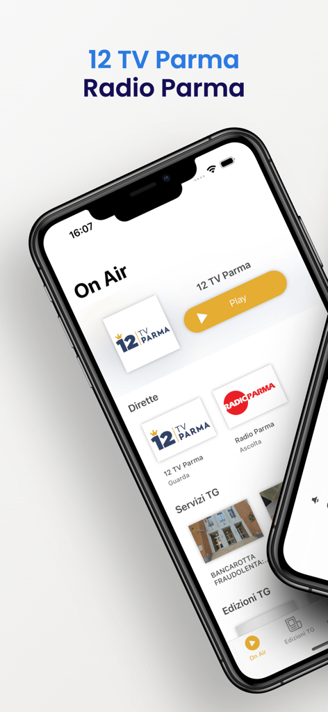 12 TV Parma - Screenshot dell'app mobile di 12 TV Parma che mostra opzioni di streaming TV e radio live su un iPhone.