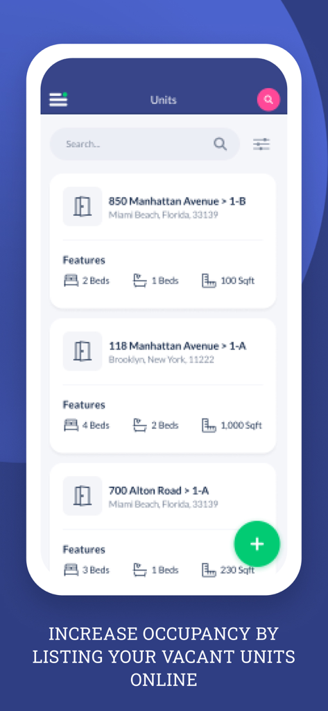 DoorLoop App-Bildschirm, der eine Liste von Mietwohnungseinheiten mit Details zu Schlafzimmern und Quadratmetern anzeigt