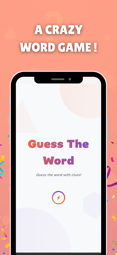 Pantalla de título del juego Adivina la Palabra en un smartphone con fondo colorido y confeti