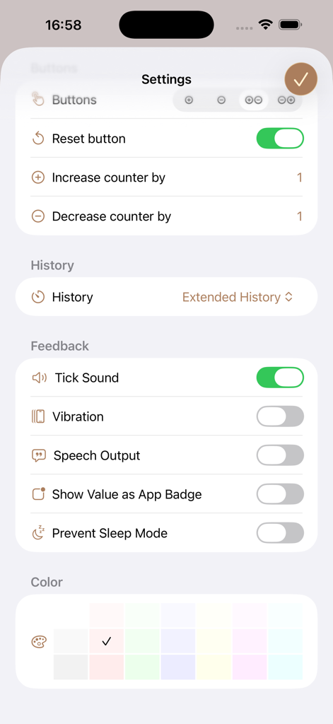 Nombri (Tally Counter) - The settings interface of the Nombri Tally Counter app featuring button configurations, feedback options, and color palette selection.