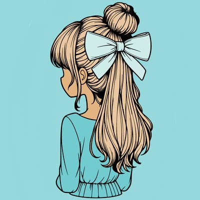 realistic girl  with hip length hair a bun and a big bow on the back of head