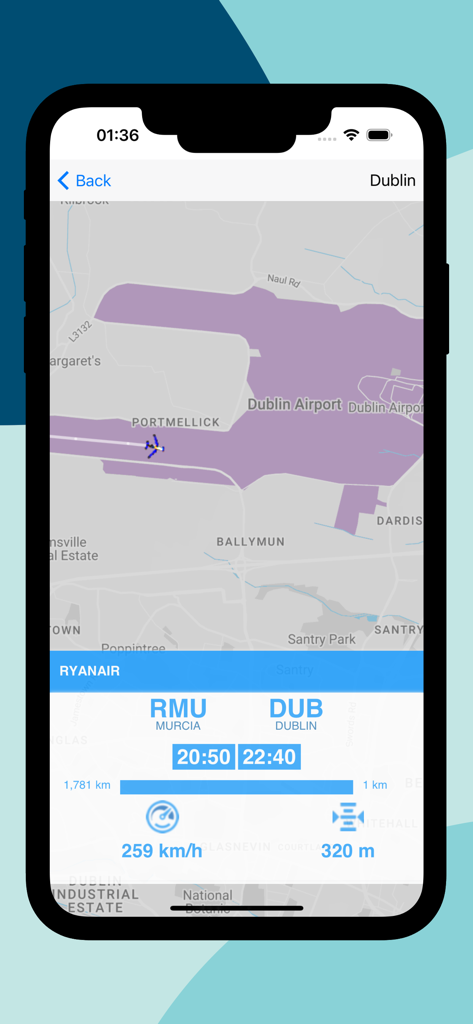 Captura de pantalla de la aplicación Ryanair flight tracker que muestra la velocidad y altitud de un vuelo a Dublín