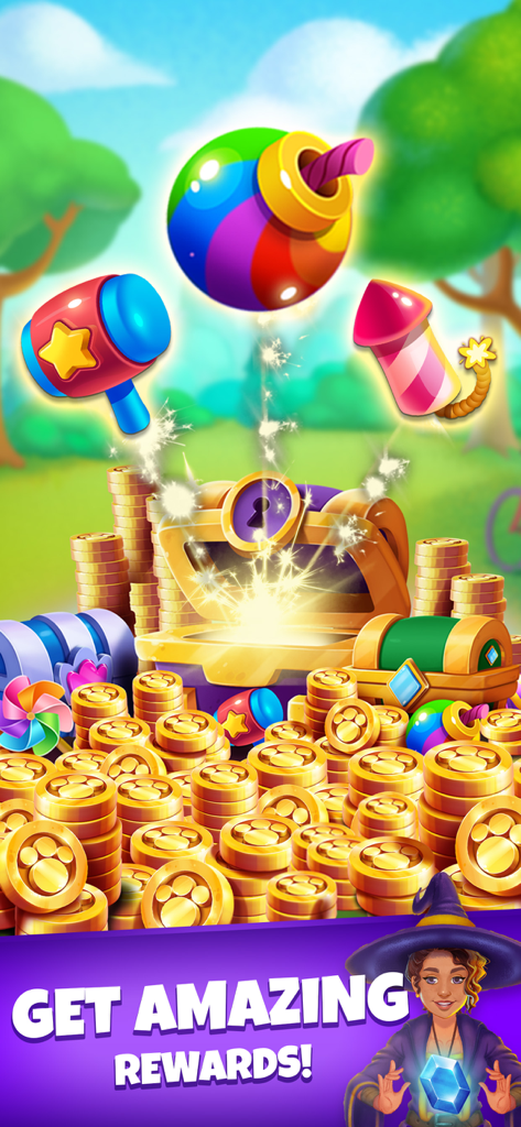 Joy Blast - A treasure chest overflowing with gold coins and puzzle boosters including a rainbow bomb hammer and rocket in the Joy Blast mobile game