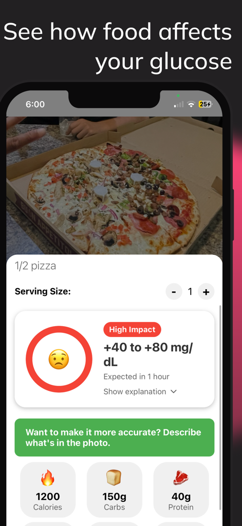 Mobile app interface displaying a high blood sugar impact prediction and carb count for a pizza meal.
