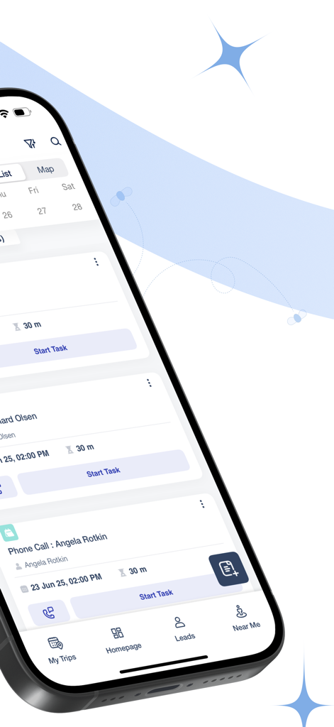 Interface do aplicativo móvel LeadSquared CRM mostrando uma lista de tarefas diárias para representantes de vendas de campo.