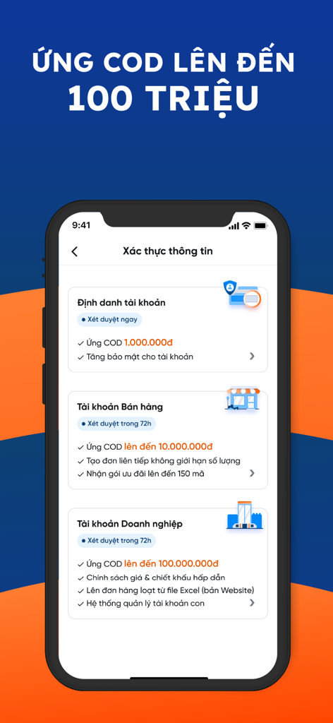 Ahamove App-Bildschirm, der Optionen zur Kontobestätigung für Nachnahmevorschüsse bis zu 100 Millionen VND anzeigt.