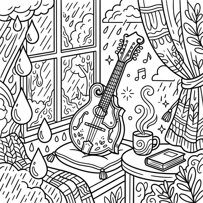 Drift into a world of cozy creativity with this enchanting mandolin coloring page, perfect for a peaceful rainy day. Designed for teens, it combines musical charm with the soothing ambiance of a quiet afternoon indoors.