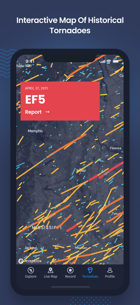 Highways and Hailstones app screen showing an interactive map of historical tornado tracks and an EF5 storm report.