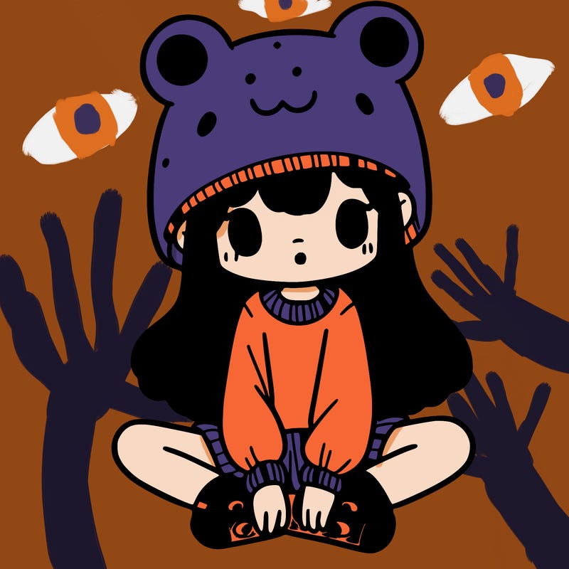 a girl wearing a frog hat and some frog socks