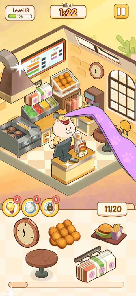 Sticker Room: Cozy Home - Cute cat character working in a cozy restaurant kitchen in Sticker Room Cozy Home