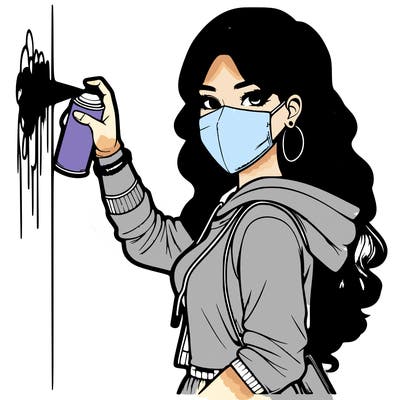 realistic girl with mask spray painting a wall