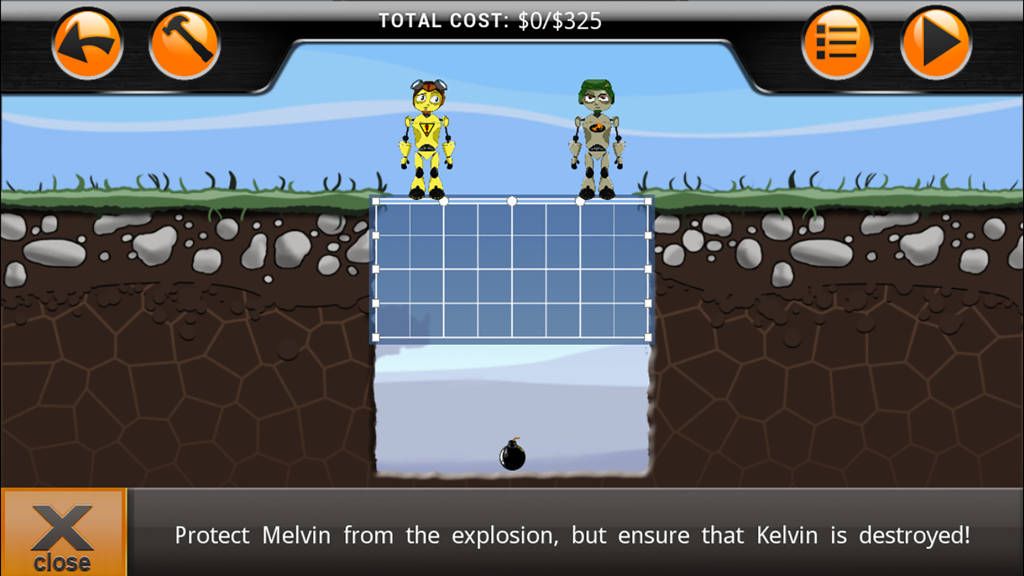 Dummy Defense - Dummy Defense gameplay showing a construction grid and a mission to protect Melvin from a bomb blast while destroying Kelvin
