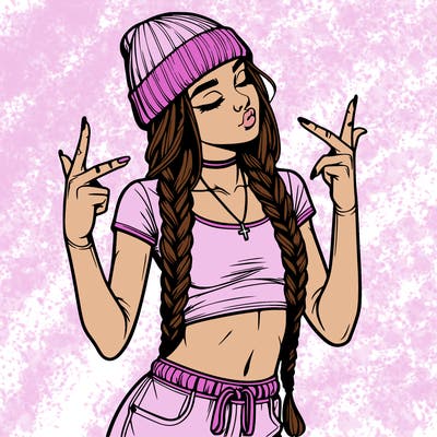 realistic teenage girl with braids and a beanie and crop top doing 🫶🏼
