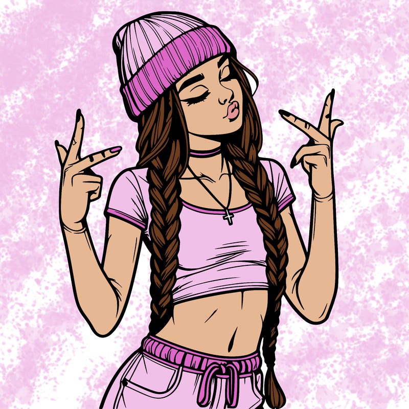 realistic teenage girl with braids and a beanie and crop top doing 🫶🏼