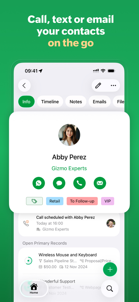 Bigin by Zoho CRM contact profile with quick communication buttons and tags