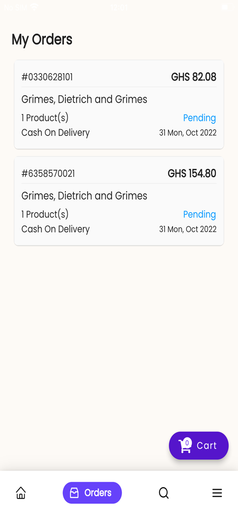 Captura de pantalla de la pantalla Mis pedidos en la aplicación Glover que muestra detalles de pedidos pendientes
