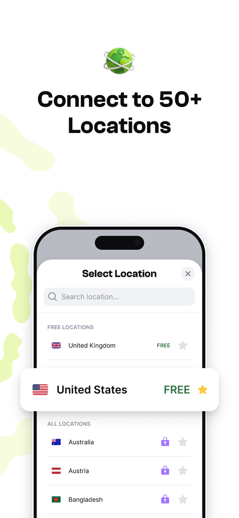 Interfaz de la aplicación VPN-Cheap que muestra una lista de más de 50 ubicaciones de servidores globales, incluidas opciones gratuitas para EE. UU. y Reino Unido