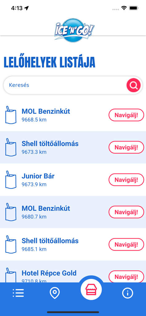 Interface d'application mobile montrant une liste d'emplacements de glaces Ice N Go avec des boutons de navigation et des distances.