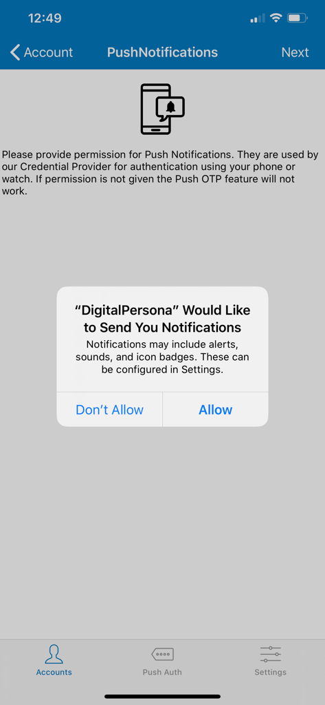 DigitalPersona - Écran de demande d'autorisation de notification de l'application DigitalPersona pour l'authentification par notification push.