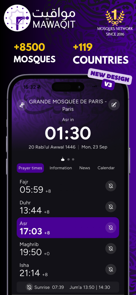 Interface of the MAWAQIT app displaying exact prayer times for the Grande Mosquee de Paris on an iPhone