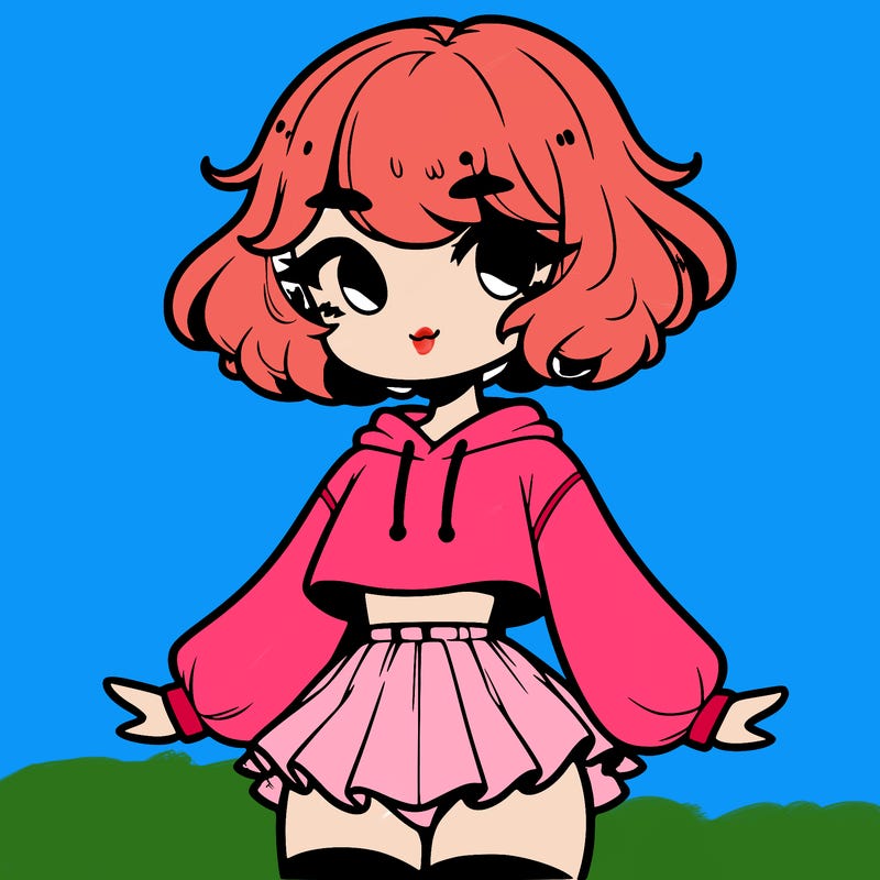 cute femboy with short, fluffy hair that softly frames their face, wearing a cropped hoodie, paired with a flouncy short skirt, and thigh-high stockings