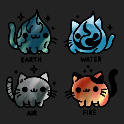 4 cats that represent the different elements, earth, water, air, and fire