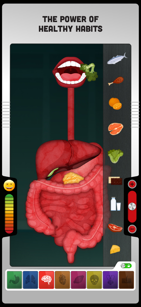 Interactive screen of the human digestive system showing healthy food choices in an educational anatomy app for kids.