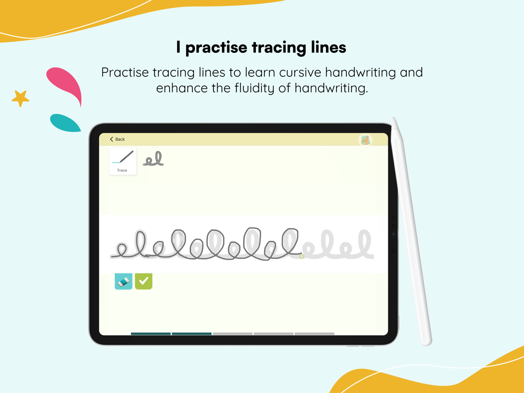 Kaligo - Kaligo app on an iPad showing a cursive handwriting exercise for tracing lines with a stylus