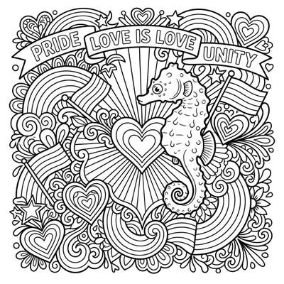 Embrace the spirit of Pride with this adorable pygmy seahorse coloring page, bursting with symbols of love and unity. Perfect for all ages, this intricate design invites you to celebrate diversity with every stroke of color.