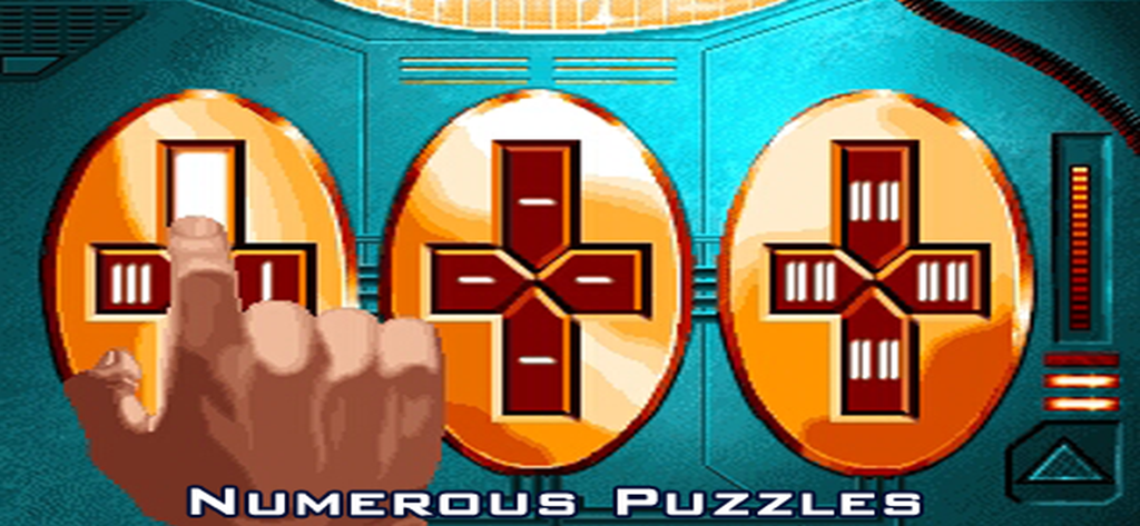 Un puzzle de science-fiction dessiné à la main dans le jeu The Escapee représentant des panneaux de contrôle ovales dorés avec des symboles rouges.